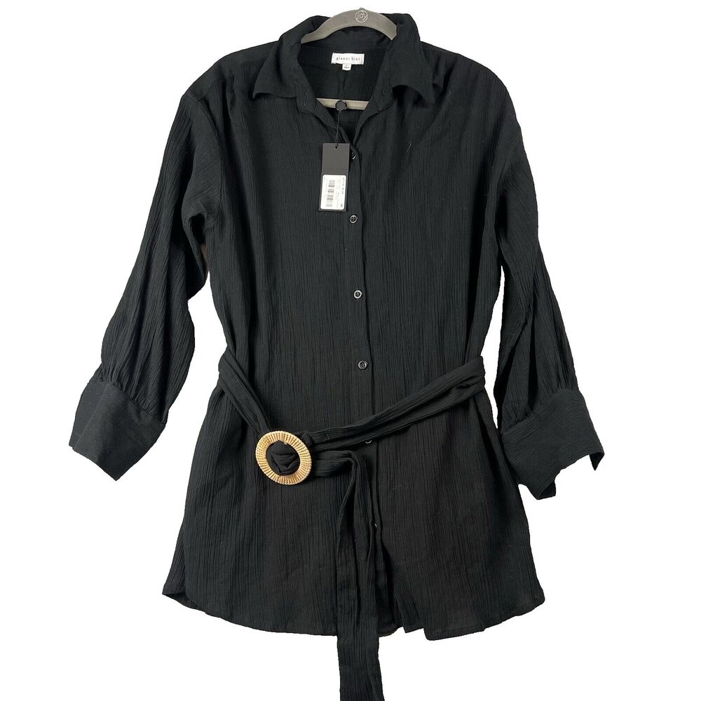 Gianni Bini Shirt Blouse Tops  Womens Large Black Gauzy Button Tunic‎ Belt